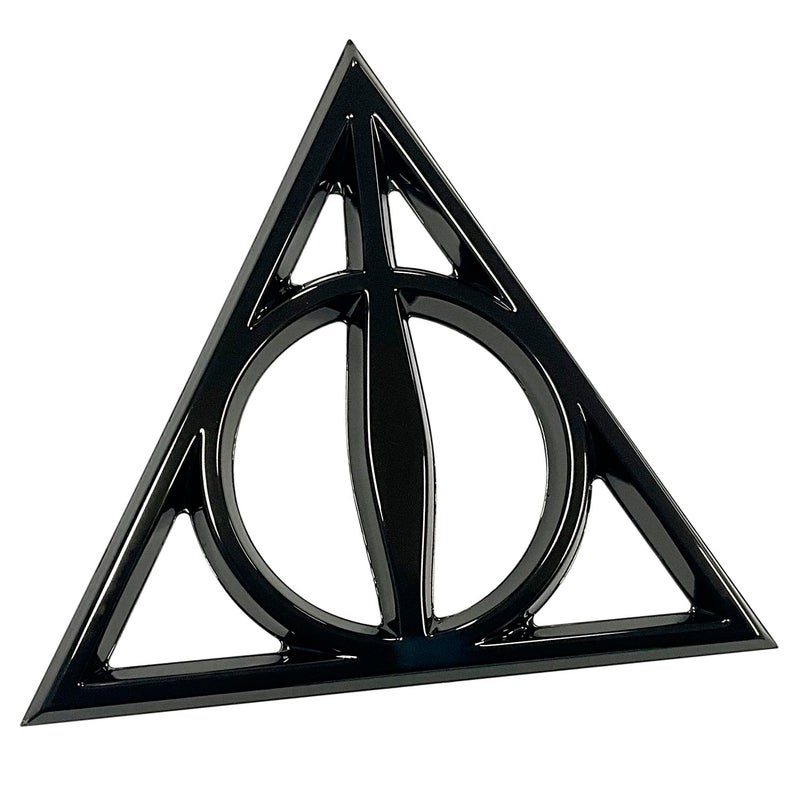 Fan Emblems Deathly Hallows Car Emblem - Harry Potter Symbol 3D Auto Badge - Color: Black Chrome - Size: 3.7 x 3.2 x 0.2 inches - Officially Licensed Wizarding World Car Accessories - Image 1